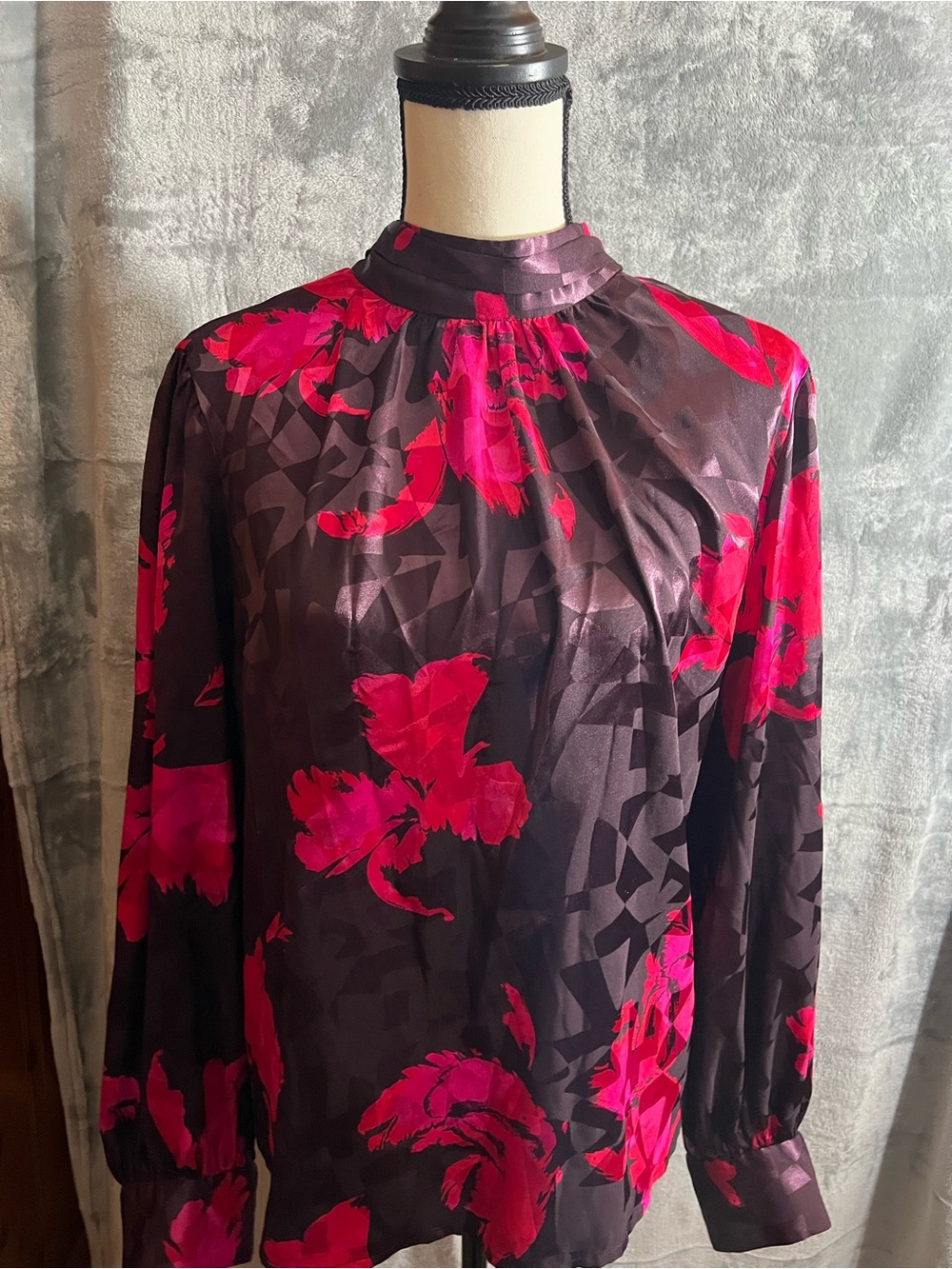 Nine West Black Long-Sleeve High-Neck Floral Dress with Fuchsia Print